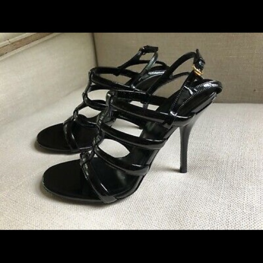 Gucci Caged Heels Black Patent Sandals Strappy NEW